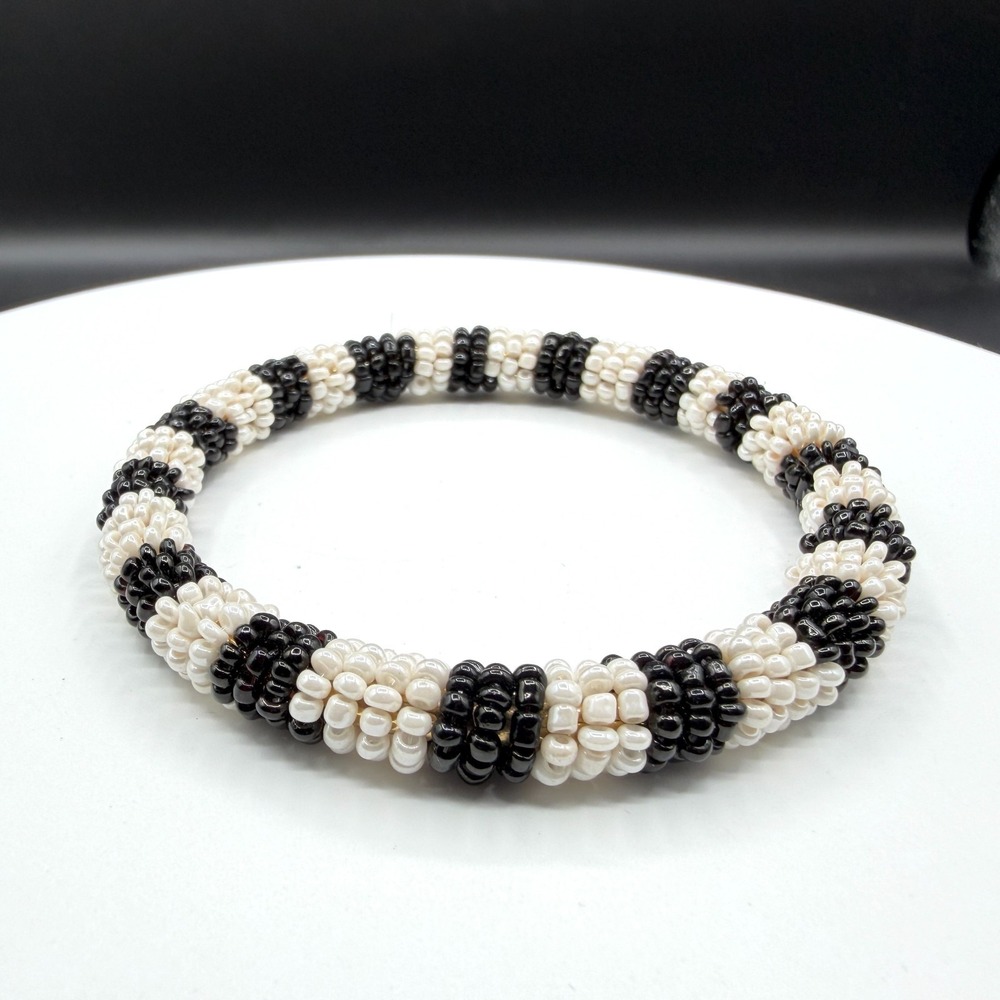 Black White Seed Bead Bangle Bracelet Boho Stretch Statement Handmade Gift Chic
